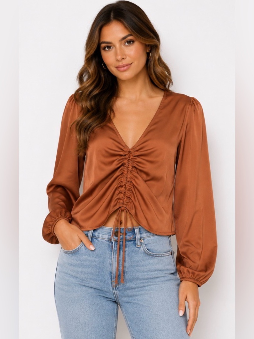 NWT Pink Rose Bronze Satin Ruched Front Blouse Long Sleeve Dressy Top Size Small